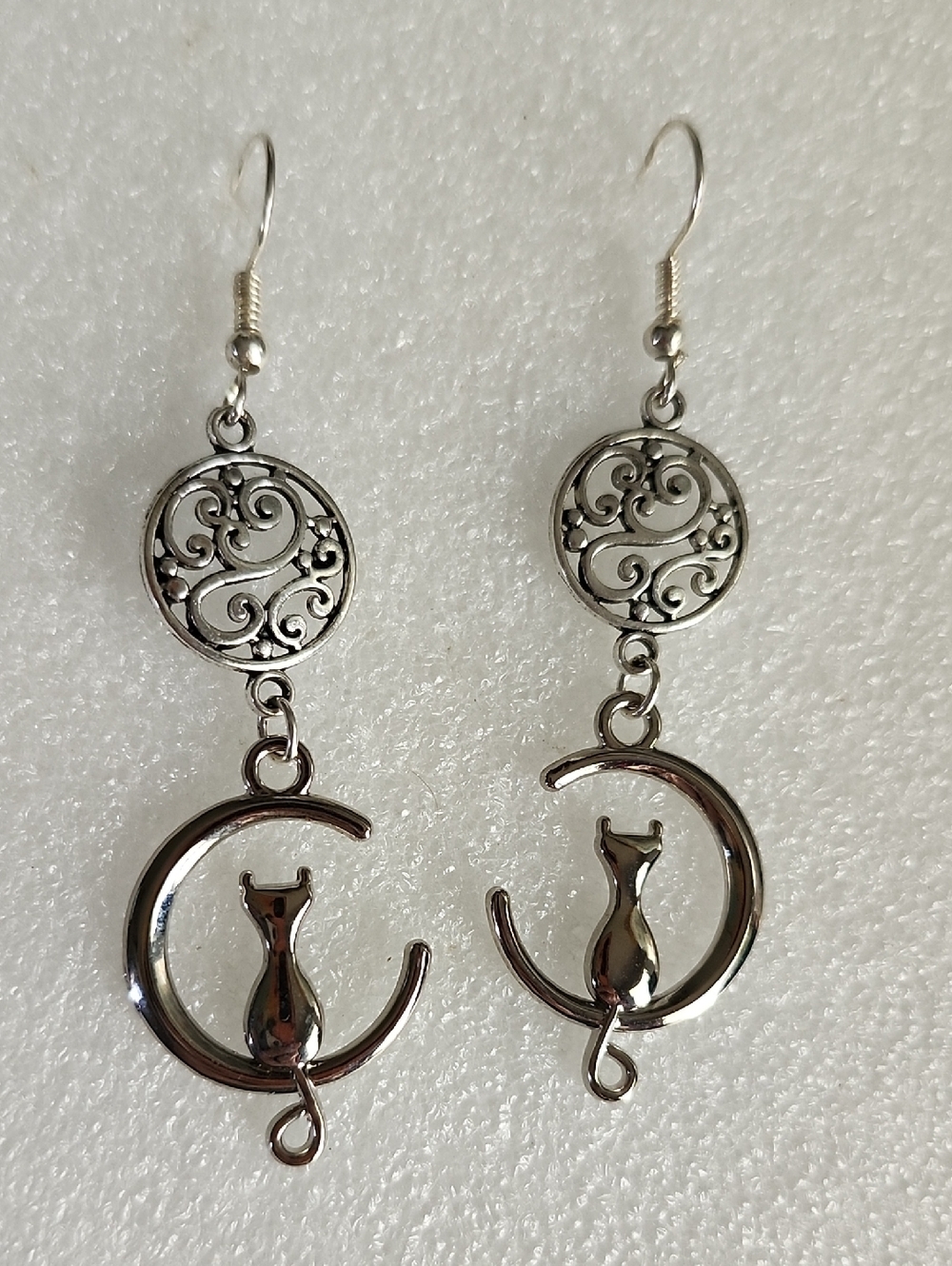 Hand Crafted Silver Cat Crescent Dangle Earrings